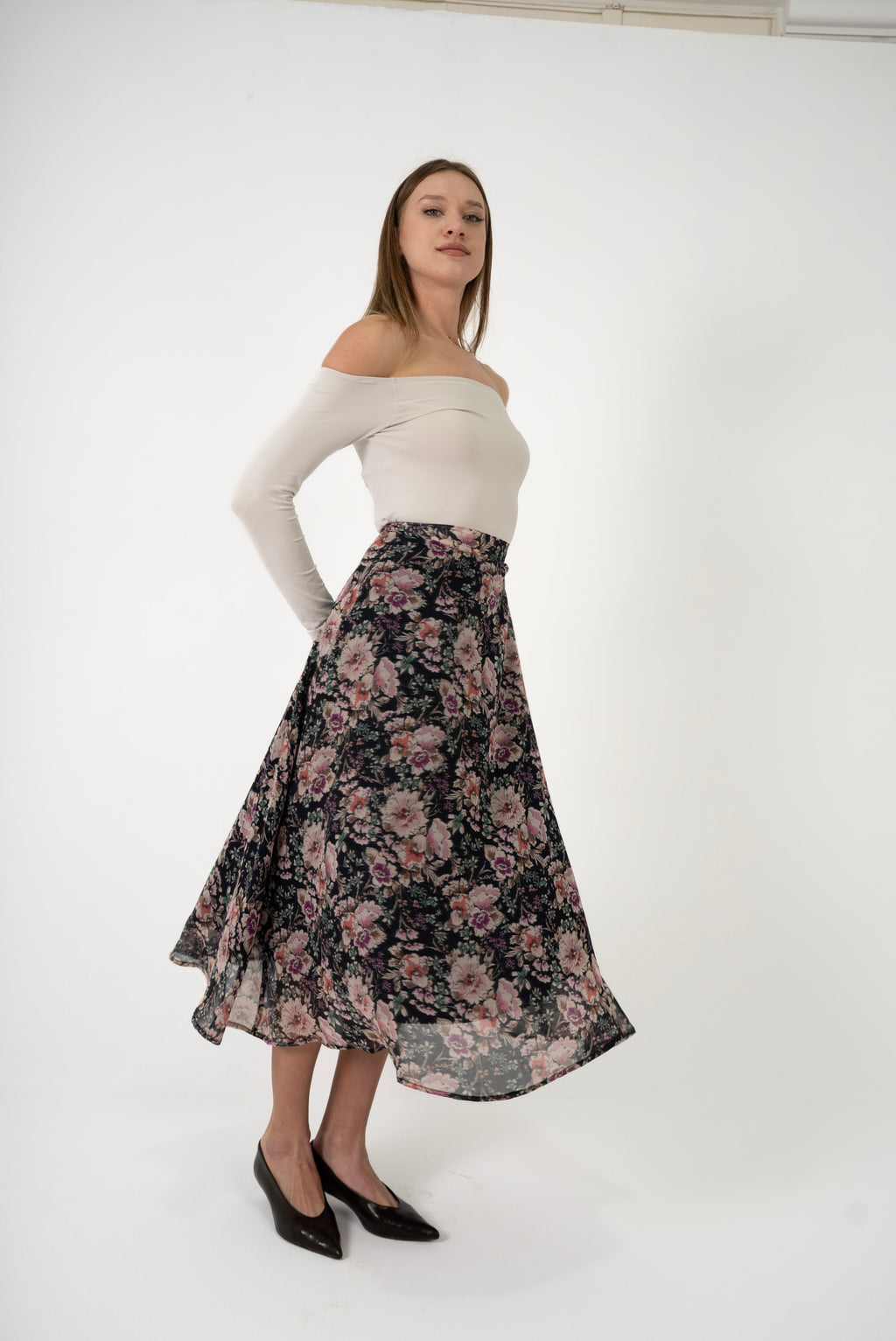 Floral Chiffon Midi Skirt
